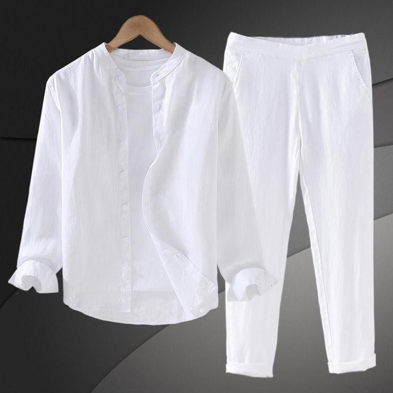 Mens Linen Shirt Long Sleeve - Ensemble chemise et short en coton