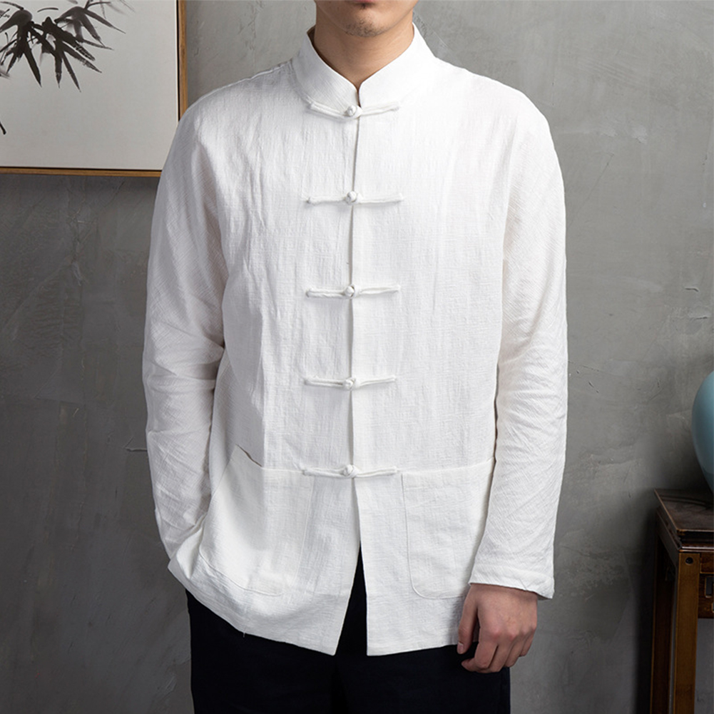 Mens Linen Shirt Long Sleeve - Vêtements traditionnels chinois décontractés rétro pour