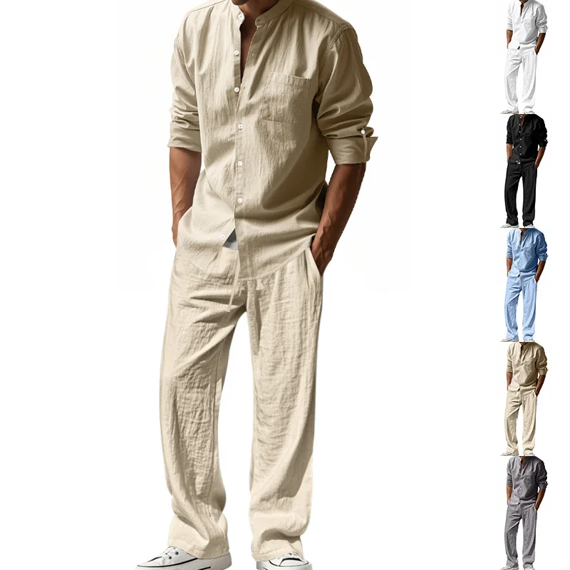 Mens Linen Shirt Long Sleeve - 2025 transfrontalier américain quatre saisons lin
